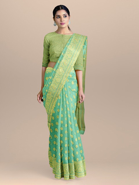 

BharatSthali Sea Green & Gold-Coloured Silk Cotton Woven Design Handloom Banarasi Saree
