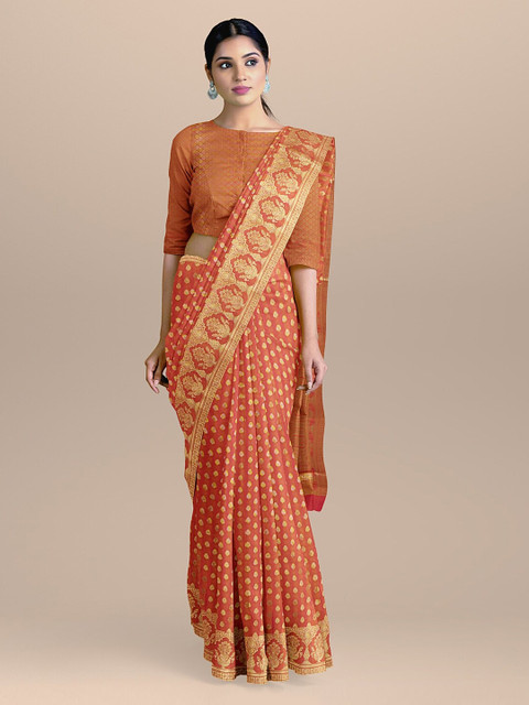 

BharatSthali Orange & Gold-Coloured Silk Cotton Woven Design Handloom Banarasi Saree