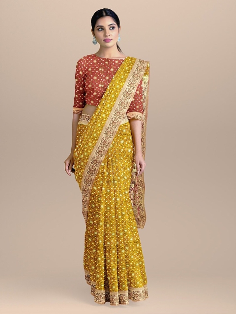

BharatSthali Mustard Yellow Tanchoi Silk Cotton Printed Banarasi Saree