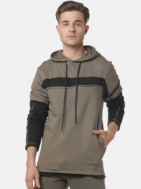 

Campus Sutra Men Khaki & Black Colourblocked Hooded Sweatshirt