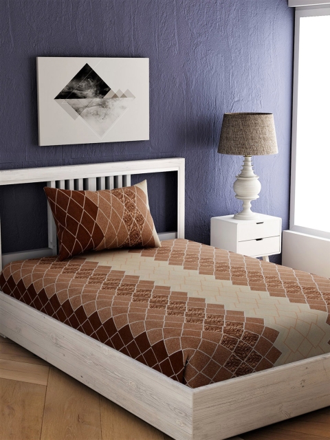 

EverHOME Brown & Cream-Coloured Geometric 144 TC Cotton 1 Single Bedsheet with 1 Pillow Covers