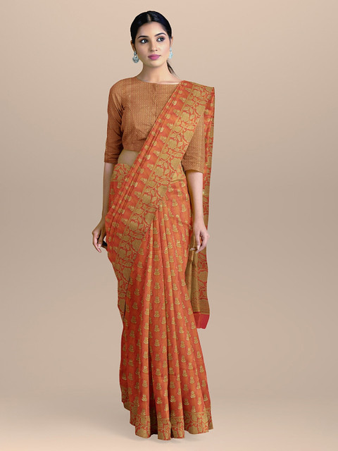 

BharatSthali Peach-Coloured & Gold-Coloured Woven Design Handloom Banarasi Saree