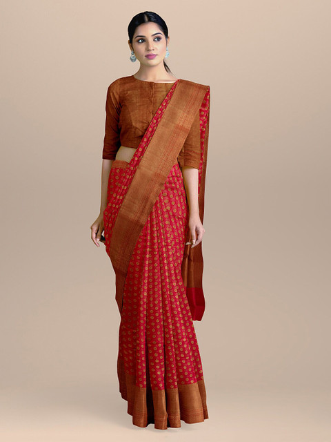 

BharatSthali Red & Gold-Coloured Silk Cotton Woven Design Handloom Banarasi Saree