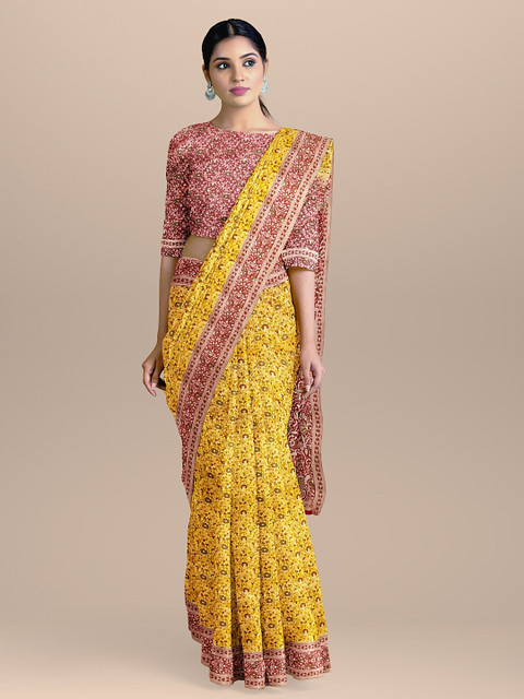 

BharatSthali Yellow & Maroon Silk Cotton Floral Woven Design Handloom Banarasi Saree
