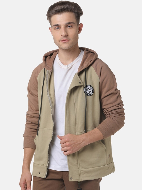 

Campus Sutra Men Khaki Colourblocked Hooded Sweatshirt