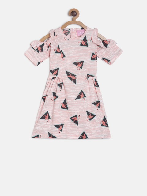 

TALES & STORIES Girls Peach-Coloured & Black Printed Fit and Flare Dress