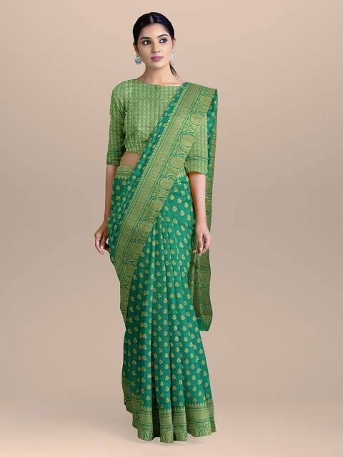 

BharatSthali Green & Gold-Coloured Silk Cotton Woven Design Handloom Banarasi Saree