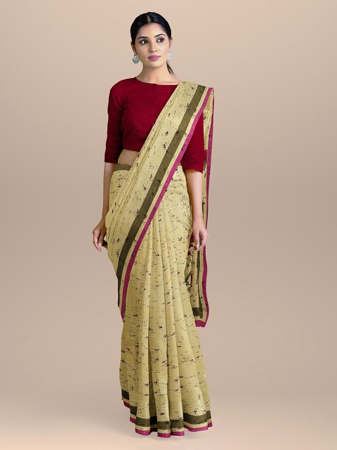 

BharatSthali Cream-Coloured Printed Handloom Pure Cotton Saree