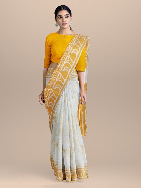 

BharatSthali White & Yellow Pure Cotton Printed Handloom Sustainable Saree