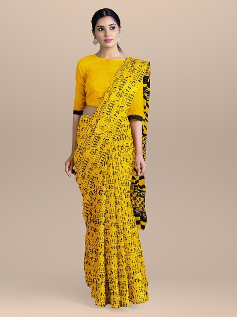 

BharatSthali Yellow & Black Pure Cotton Printed Handloom Sustainable Saree