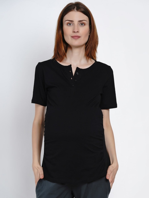

Mine4Nine Women Black Solid Henley Neck Maternity T-shirt