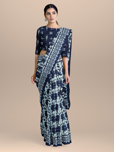 

BharatSthali Blue Handloom Printed Pure Cotton Sustainable Saree