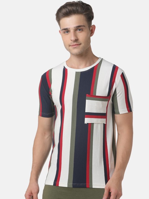 

Campus Sutra Men White & Navy Blue Striped Round Neck T-shirt