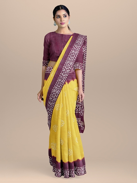 

BharatSthali Yellow & Purple Pure Cotton Printed Handloom Saree