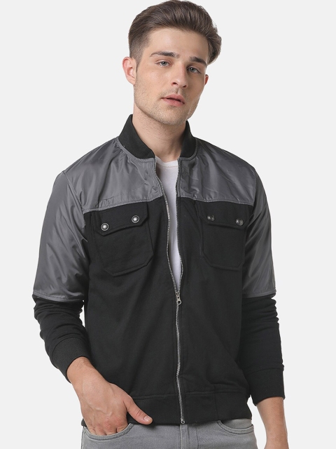 

Campus Sutra Men Grey & Black Colourblocked Windcheater Biker Jacket