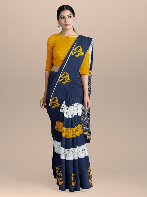 

BharatSthali Blue & Yellow Pure Cotton Printed Handloom Sustainable Saree