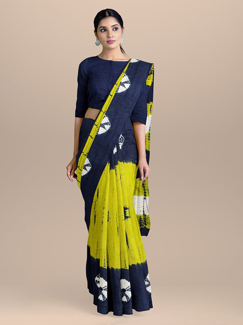 

BharatSthali Lime Green & Navy Blue Pure Cotton Tie-Dyed Handlooom Sustainable Saree