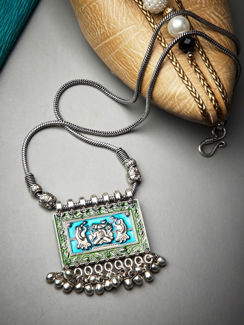

ZeroKaata Silver-Toned & Turquoise Blue Deity Jade Oxidised Handcrafted Chain
