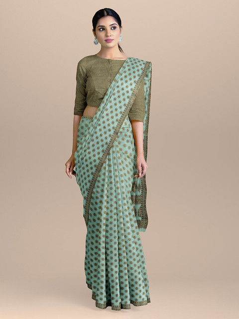 

BharatSthali Teal Blue & Brown Silk Cotton Woven Design Banarasi Saree