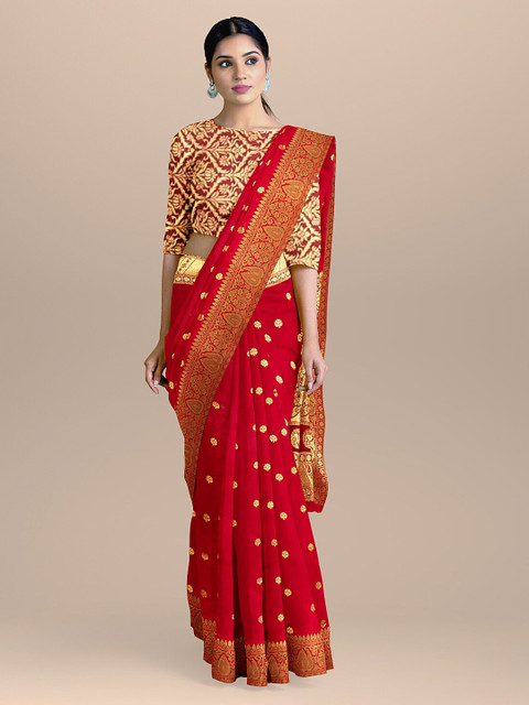 

BharatSthali Red & Gold-Coloured Silk Cotton Woven Design Saree