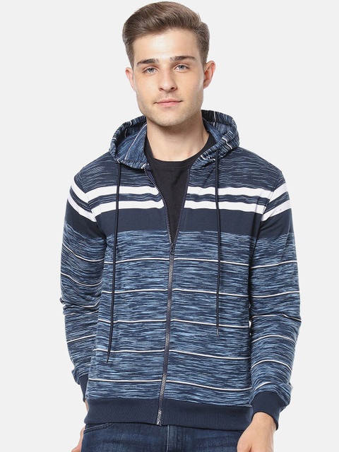 

Campus Sutra Men Navy Blue & White Striped Hooded Sweatshirt