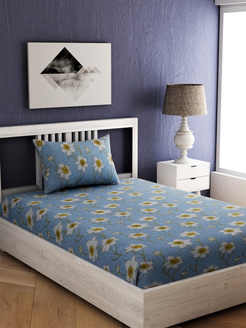 

EverHOME Blue & Off-White Floral 144 TC Cotton 1 Single Bedsheet with 1 Pillow Cover