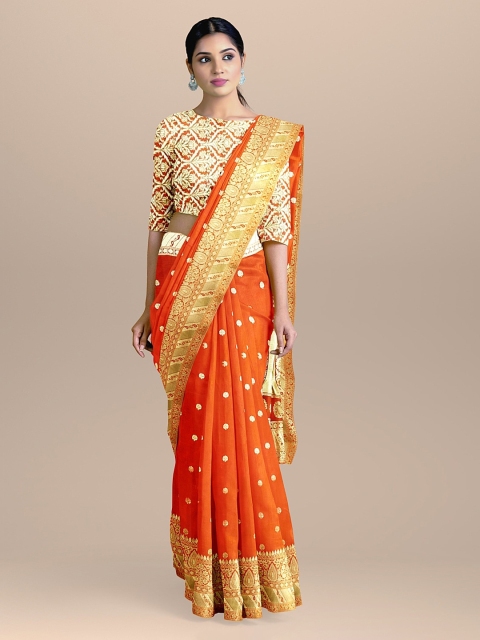 

BharatSthali Orange & Gold-Coloured Silk Cotton Woven Design Handloom Banarasi Saree
