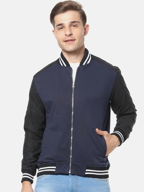 

Campus Sutra Men Blue & Black Colourblocked Windcheater Biker Jacket