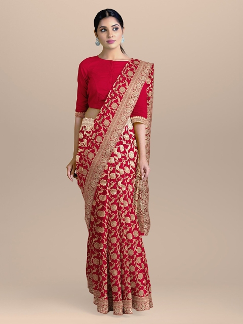 

BharatSthali Red & Gold-Coloured Silk Cotton Woven Design Handloom Banarasi Saree