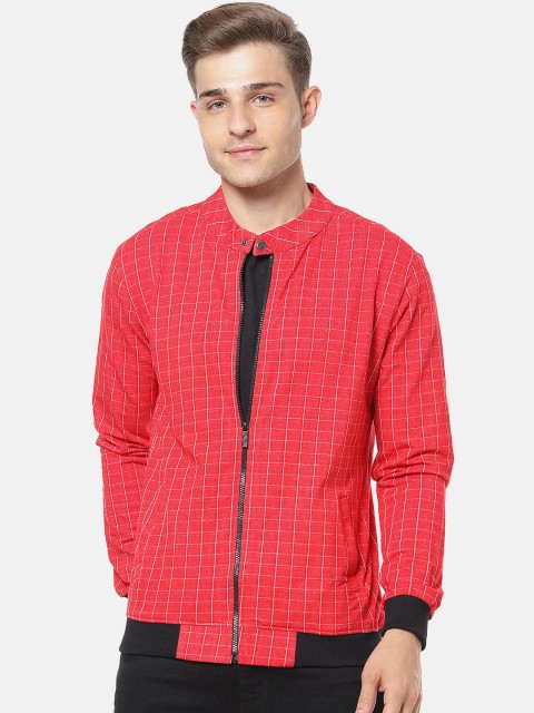 

Campus Sutra Men Red & White Checked Windcheater Biker Jacket
