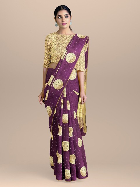 

BharatSthali Purple & Gold-Toned Silk Cotton Woven Design Saree