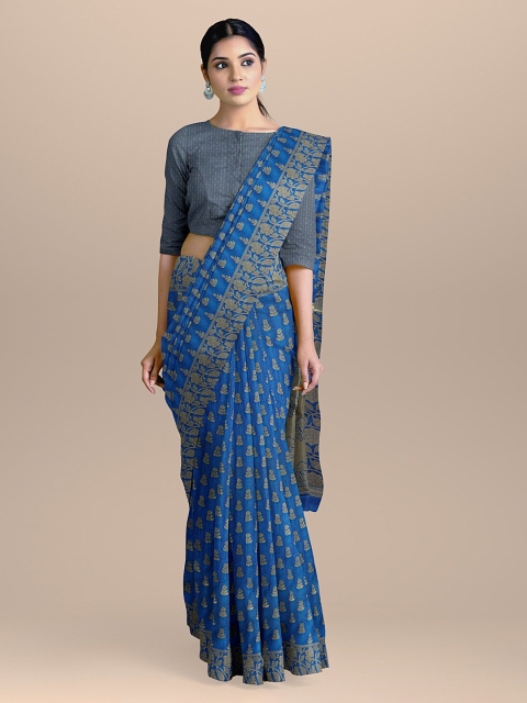 

BharatSthali Blue & Gold-Coloured Silk Cotton Woven Design Handloom Banarasi Saree