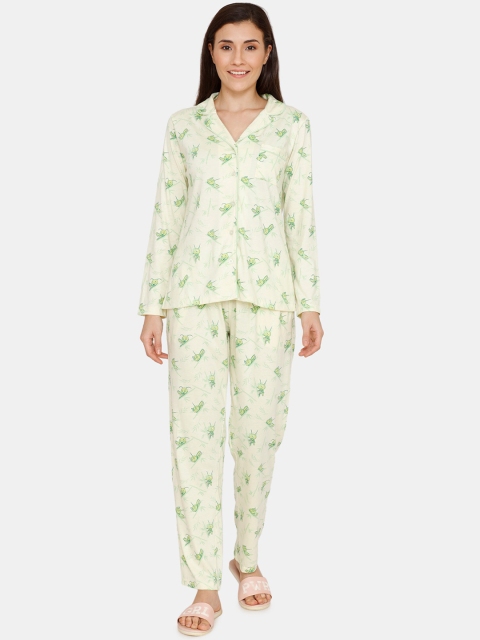 

Zivame Women Yellow & Green Printed Night Suit