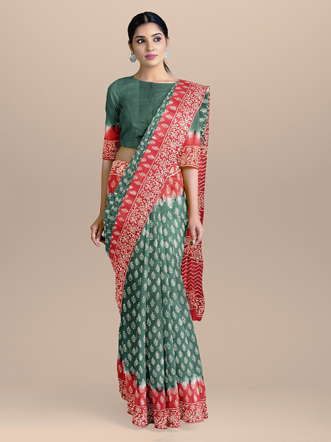 

BharatSthali Red & Green Pure Cotton Printed Sustainable Saree