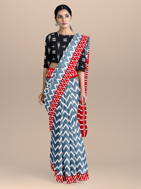 

BharatSthali Red & Blue Pure Cotton Printed Handloom Sustainable Saree