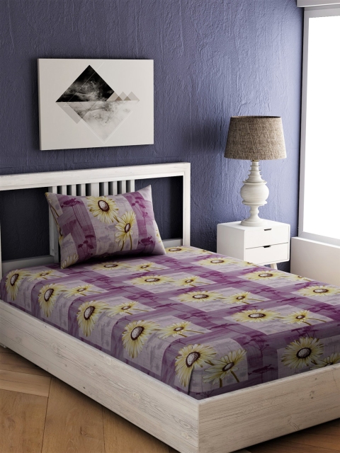 

EverHOME Purple & White Floral 144 TC Cotton 1 Single Bedsheet with 1 Pillow Covers