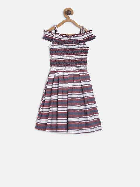 

TALES & STORIES Girls Maroon & White Striped Fit and Flare Dress