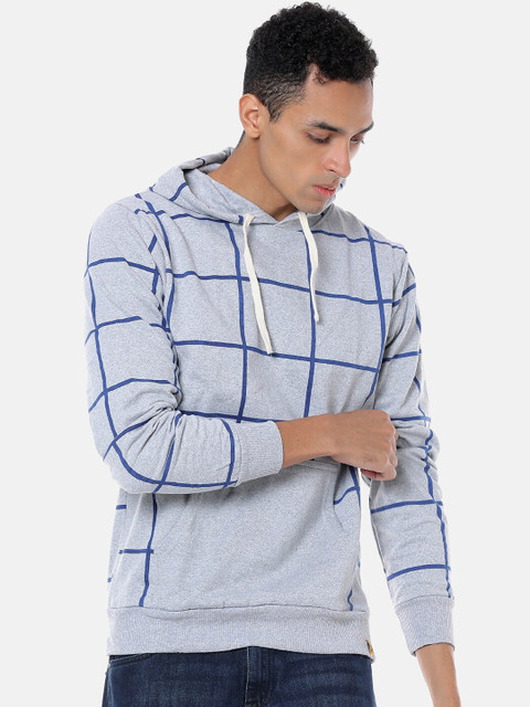 

Campus Sutra Men Grey & Blue Checked Hooded Sweatshirt