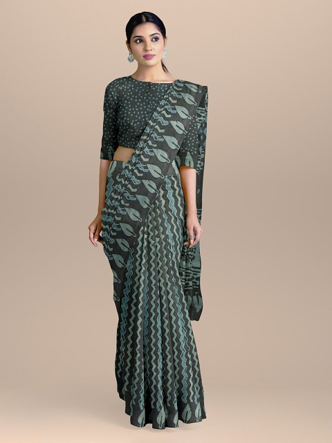

BharatSthali Grey & Green Pure Cotton Handloom Printed Sustainable Saree