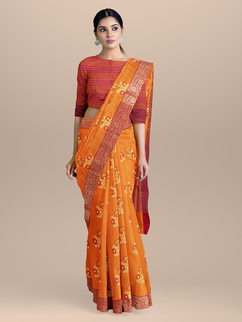 

BharatSthali Orange & Pink Silk Cotton Woven Design Handloom Banarasi Sustainable Saree