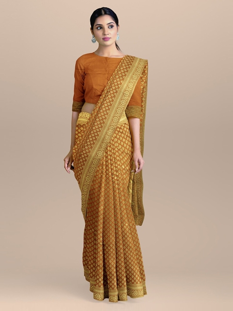

BharatSthali Orange & Gold-Coloured Silk Cotton Woven Design Handloom Banarasi Saree