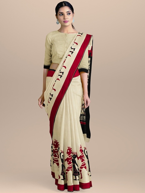 

BharatSthali Cream-Coloured & Black Pure Cotton Printed Handloom Sustainable Saree