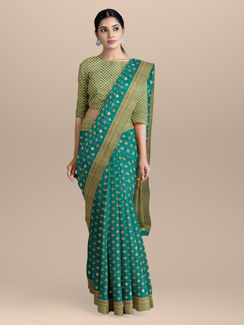 

BharatSthali Teal Green & Gold-Coloured Silk Cotton Woven Design Handloom Banarasi Saree