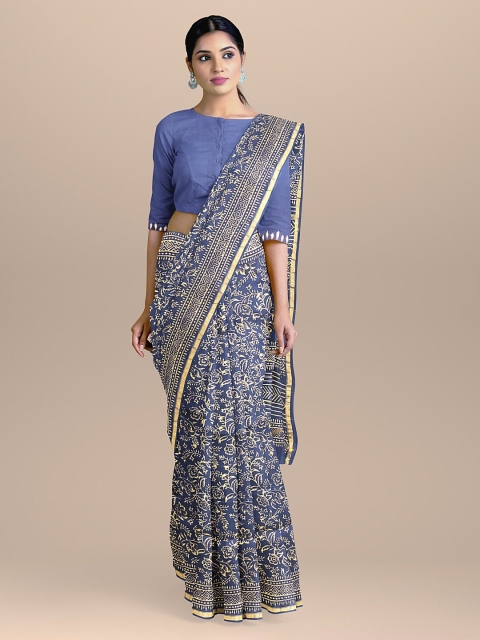 

BharatSthali Blue & Beige Silk Cotton Printed Chanderi Sustainable Saree