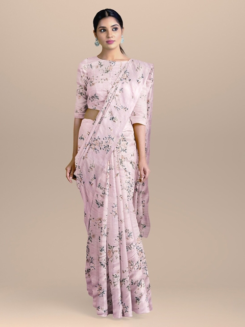 

BharatSthali Pink & Green Silk Cotton Floral Printed Handloom Banarasi Saree