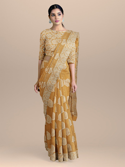 

BharatSthali Orange & Off-White Silk Cotton Woven Design Banarasi Saree