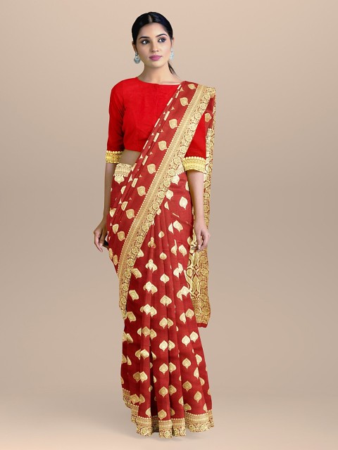 

BharatSthali Red & Gold-Coloured Silk Cotton Woven Design Handloom Banarasi Saree
