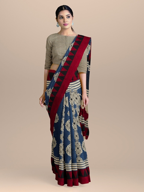 

BharatSthali Blue & Red Handloom Pure Cotton Printed Sustainable Saree