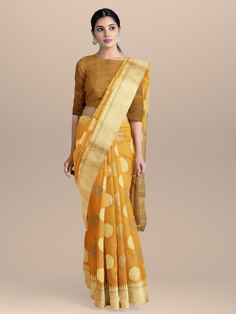 

BharatSthali Yellow & Gold-Toned Silk Cotton Woven Design Banarasi Sustainable Saree