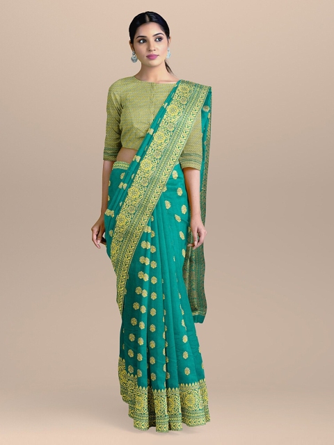 BharatSthali Turquoise Blue & Gold-Coloured Woven Design Handloom Banarasi Saree